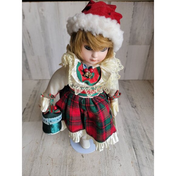 Victorian porcelain Cathy doll Xmas home decor unique plaid - Picture 1 of 10
